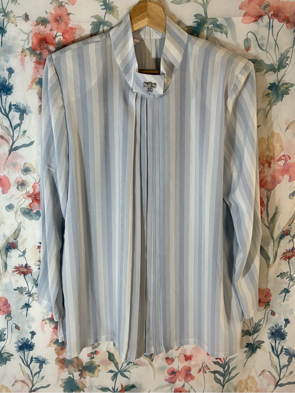 Vintage Striped Pleated Front Blouse in Light Blue and White